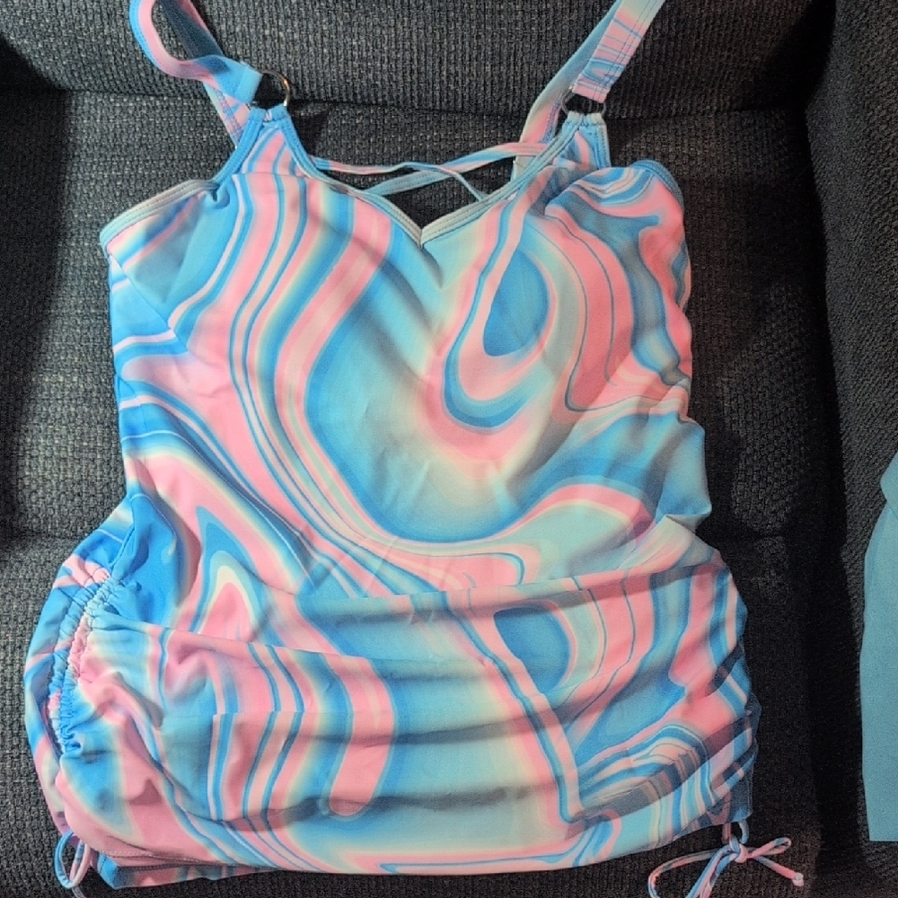 Blue and Pink Swirl One Piece with Ruched Sides